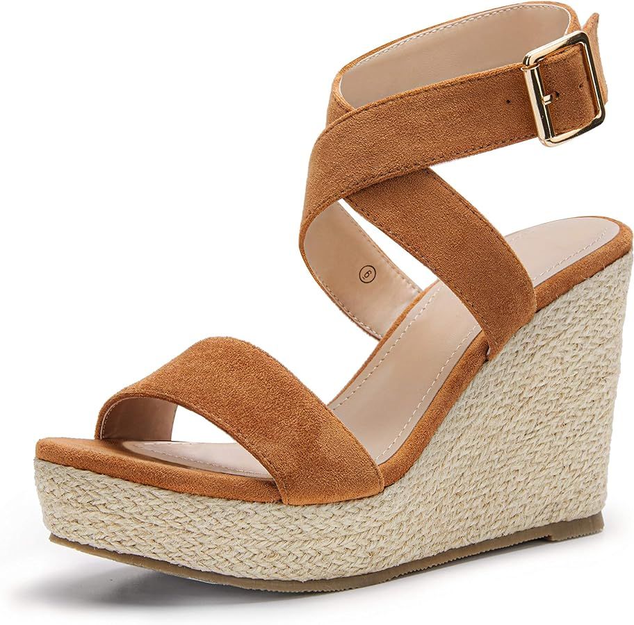 Coutgo Women's Wedge Sandals Cross Strap Espadrille Platform Ankle Buckle Summer Casual Shoes | Amazon (US)