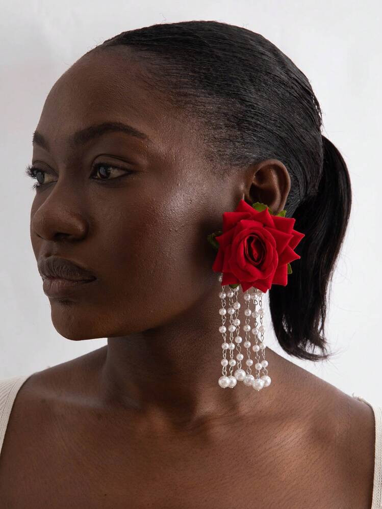 imoli 1 Pair Vintage Elegant Polyester 3D Fabric Rose Flower With Red Tassel & Faux Pearl Earring... | SHEIN