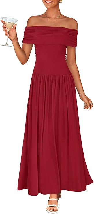 ZESICA Women's Off The Shoulder Maxi Dress 2025 Summer Sleeveless Casual Slim Swing Pleated Forma... | Amazon (US)