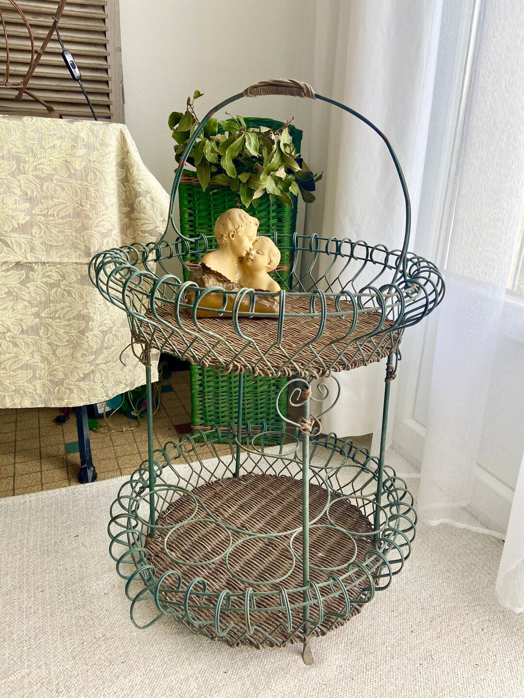 Antique Bar Caddy, French Vintage Wicker and Distressed Wire Basket, Lovely Faded Green Patina, A... | Etsy (US)