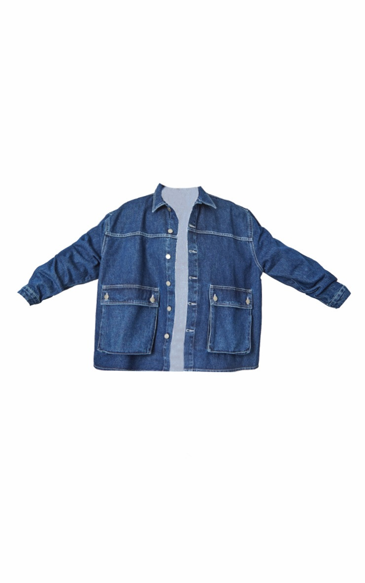 Dark Blue Wash Oversized Button Up Pocket Detail Denim Shacket | Pretty Little Thing (Australia & New Zealand)