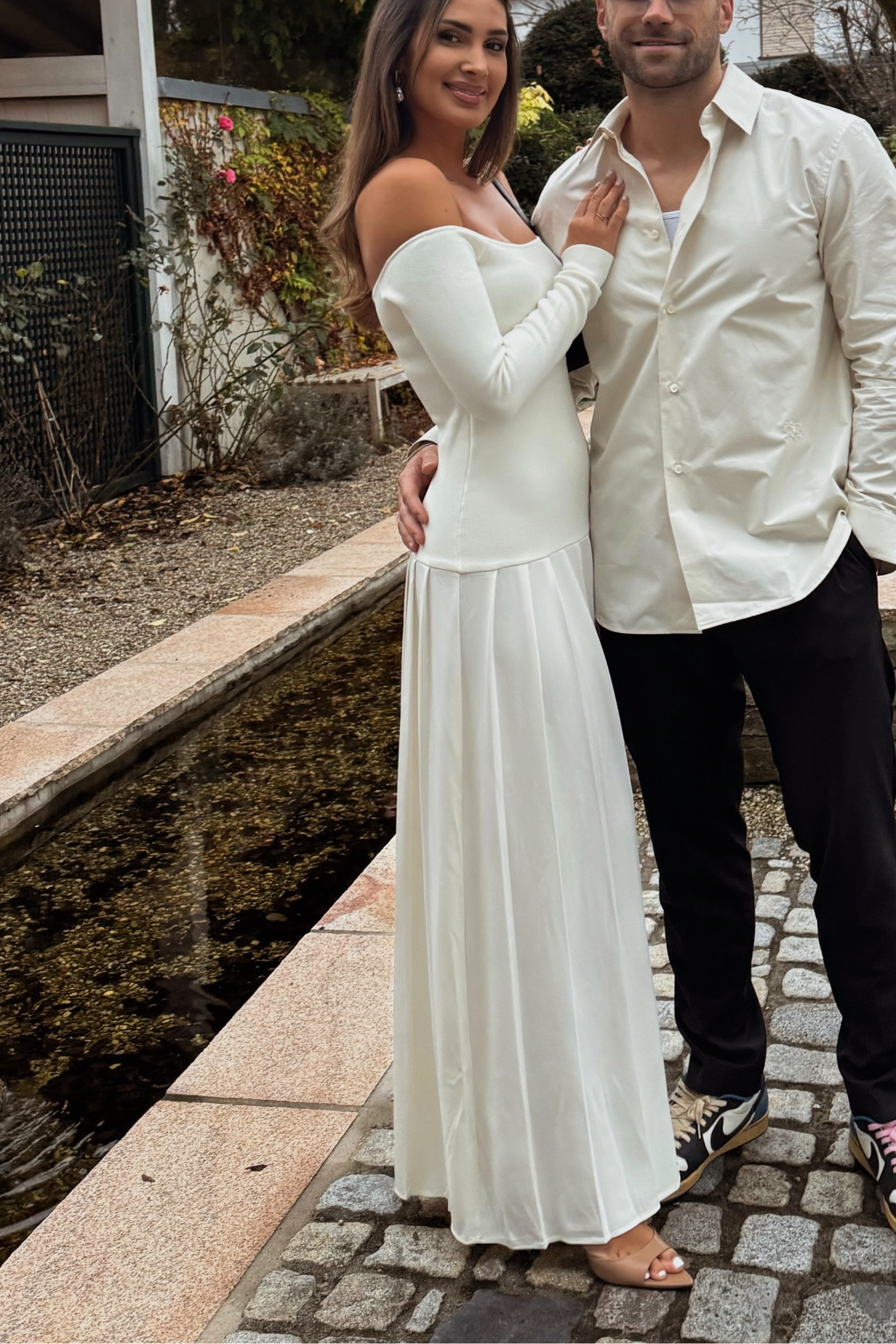 Meshki Persley maxi knit off shoulder dress ivory white 