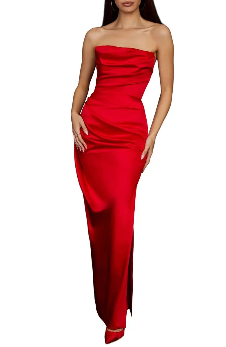HOUSE OF CB Adrienne Gathered Satin Strapless Gown | Nordstrom | Nordstrom