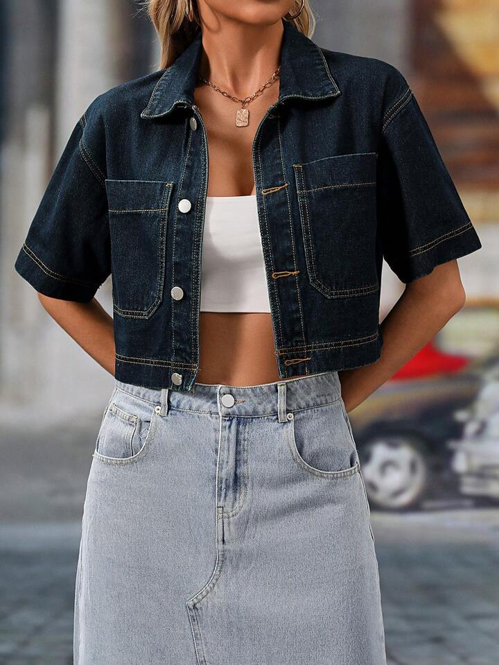 Dark Denim Cropped Jacket | SHEIN