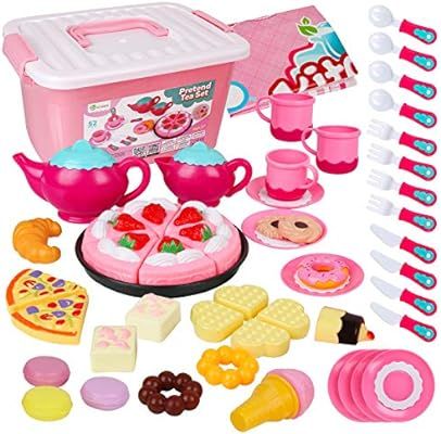 D-FantiX Tea Party Set for Little Girls, 52Pcs Kids Pretend Play Princess Tea Time Set for Toddle... | Amazon (US)