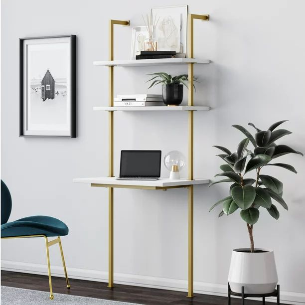 Nathan James Theo 2-Shelf Industrial Wall Mount Ladder Desk, Small Computer or Writing Desk, Whit... | Walmart (US)