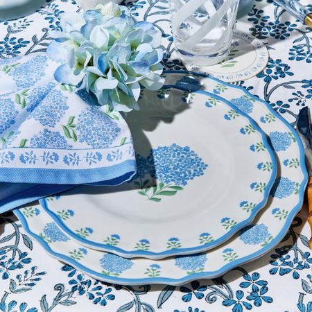 Blue and white Hydrangea theme summer tablescape, melamine plates, outdoor entertaining patio 

#LTKHome #LTKFindsUnder50 #LTKSaleAlert