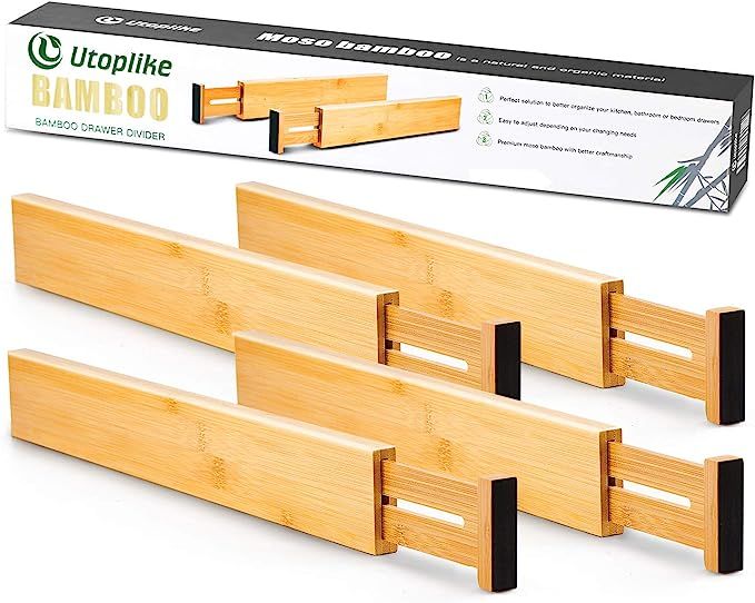 Utoplike 4 pcs Bamboo Kitchen Drawer Dividers(12.25-17.25IN),Adjustable Drawer Organizers,Spring ... | Amazon (US)