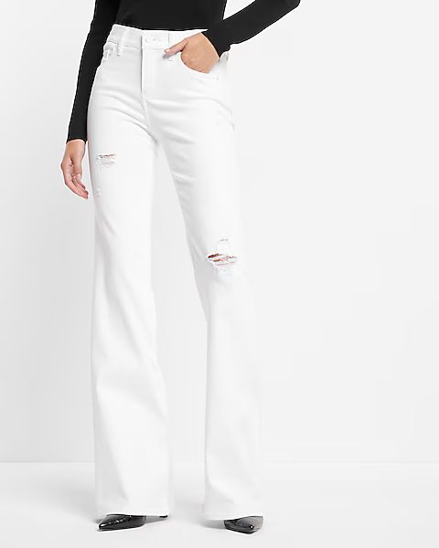 Mid Rise White Ripped 70s Flare Jeans | Express