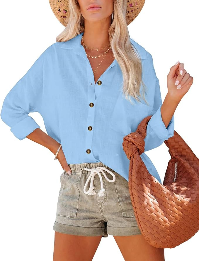 Pausus Women Cotton Linen Button Down Shirts Long Sleeve Office Collared Blouses V Neck Casual To... | Amazon (US)