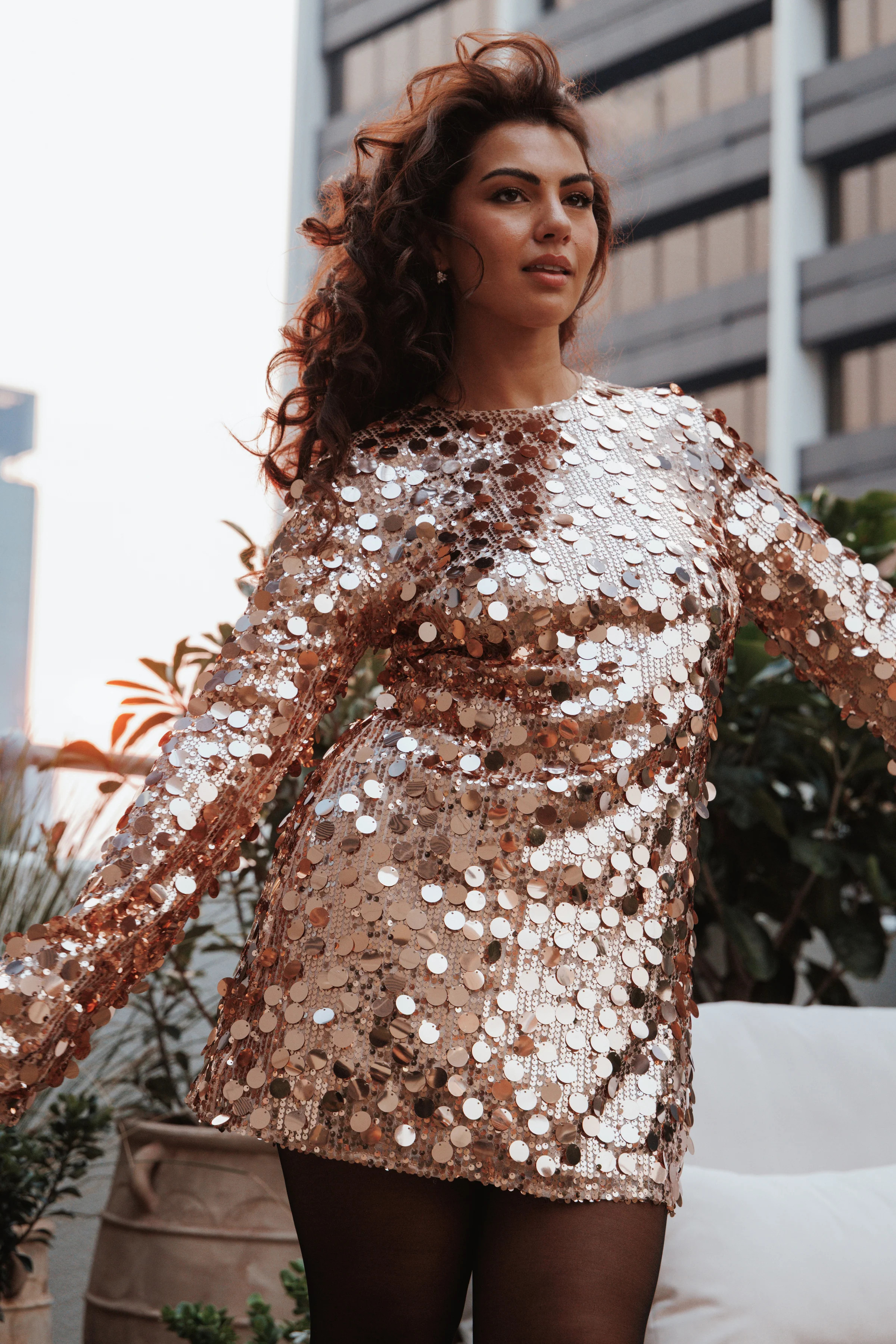 Electra Long Sleeve Mini Dress - Gold | Petal & Pup (US)