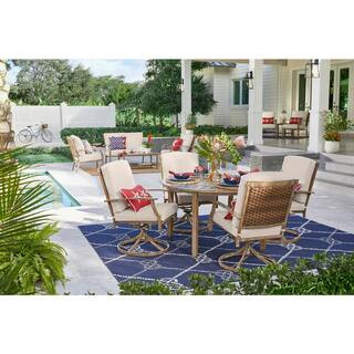 Geneva 5-Piece Brown Wicker Outdoor Patio Dining Set with CushionGuard Almond Tan Cushions | The Home Depot