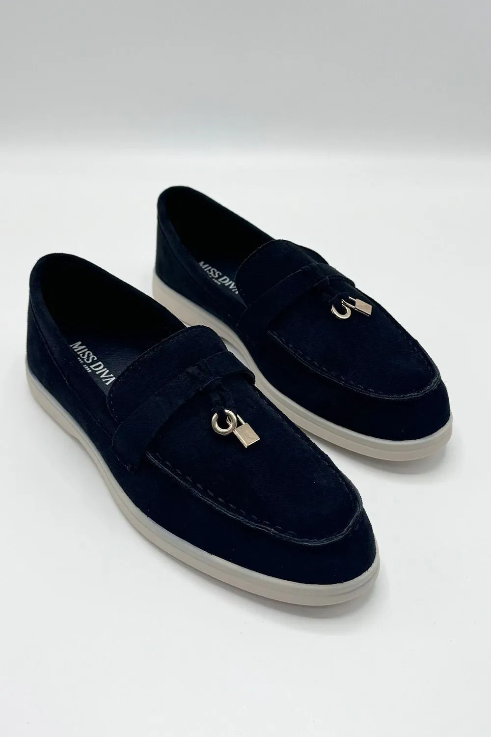 Black Miss Diva Tonya Charm Detail Slip-On Faux Suede Loafers | Dorothy Perkins | Dorothy Perkins (UK)