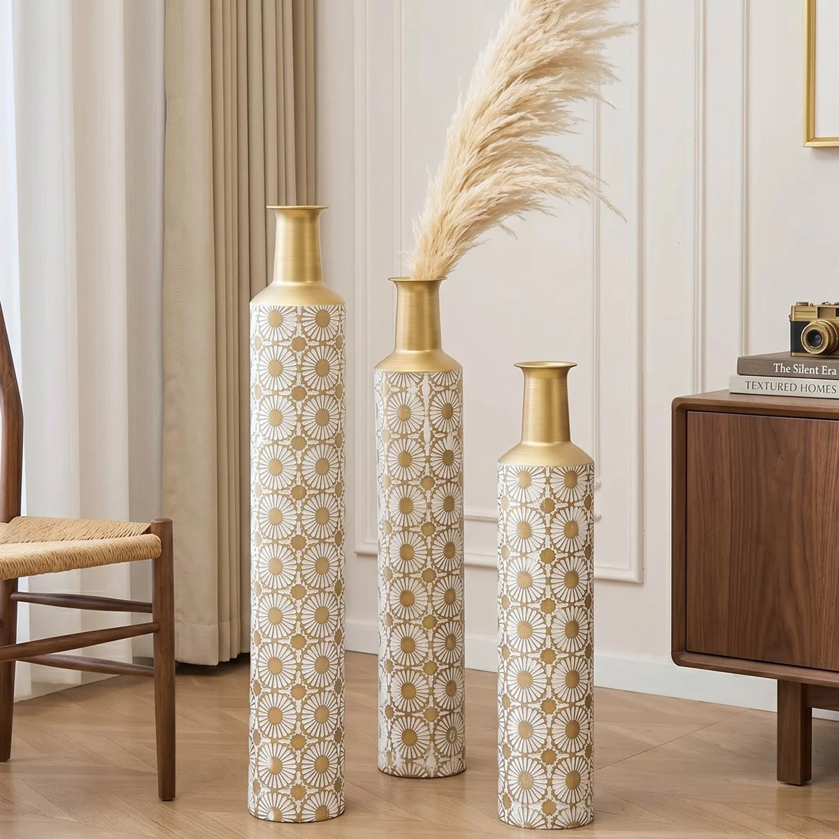 3-Piece Metal Floor Vase Set, Sunburst Relief Pattern, Gold & White Home Decor, Large Tall Decora... | Wayfair North America