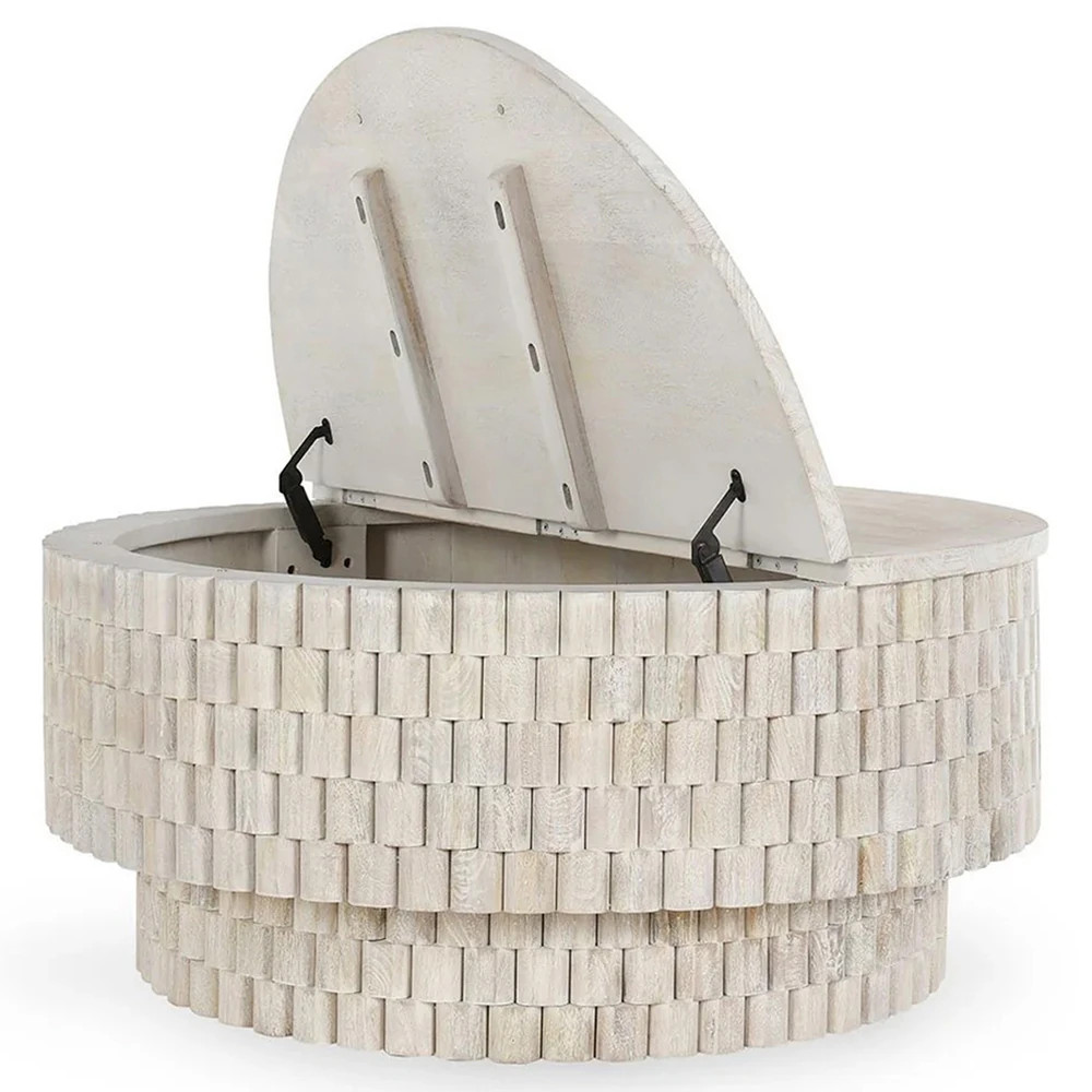 Gabby Coastal Beach White Mango Wood Round Storage Coffee Table | Kathy Kuo Home