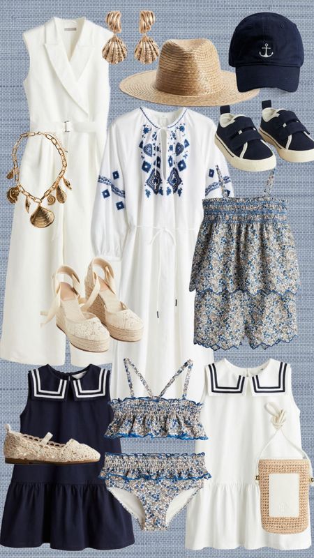 Nautical Finds for mom and kids! Love all of these blue and white, crochet and floral details for Summer! 

Seashell necklace, girls clothes, floral print, sailor dress, girls dresses, embroidered dress, white jumpsuit, scalloped set, swimsuit, toddler shoes, embroidered hat! 