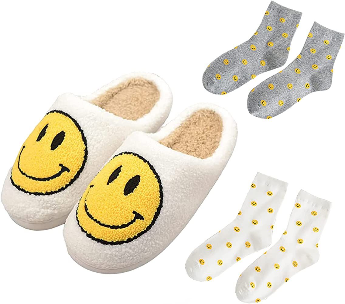 Amazon.com | Smiley face Slippers With 2 Pair Socks For Women,Cozy Plush Comfy Warm Slip-On Slipp... | Amazon (US)