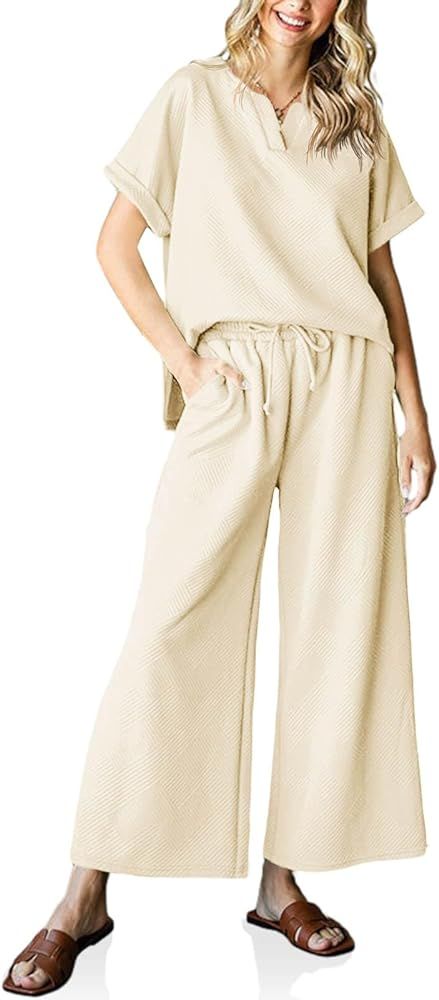 Imily Bela Womens 2 Piece Outfits Sweatsuits Short Sleeve V neck Tops Wide Leg Pants Tracksuits C... | Amazon (US)