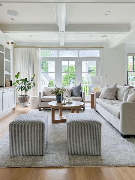 Great room, living room design, ottomans, pottery barn York sofa, open concept 

#LTKStyleTip #LTKHome #LTKSaleAlert