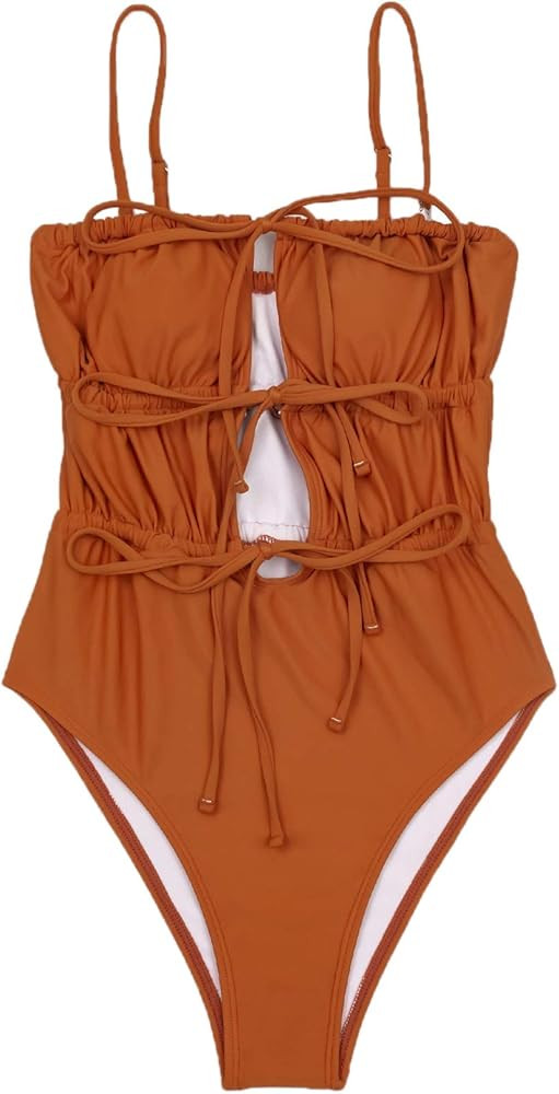 SheIn Women's Tie Front Drawstring Swimsuit Wireless Bra and Panty Bikini Beach Wear | Amazon (US)