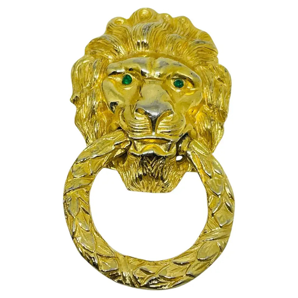 CASTLECLIFF signed vintage gold tone lions head door knocker designer brooch | 1stDibs