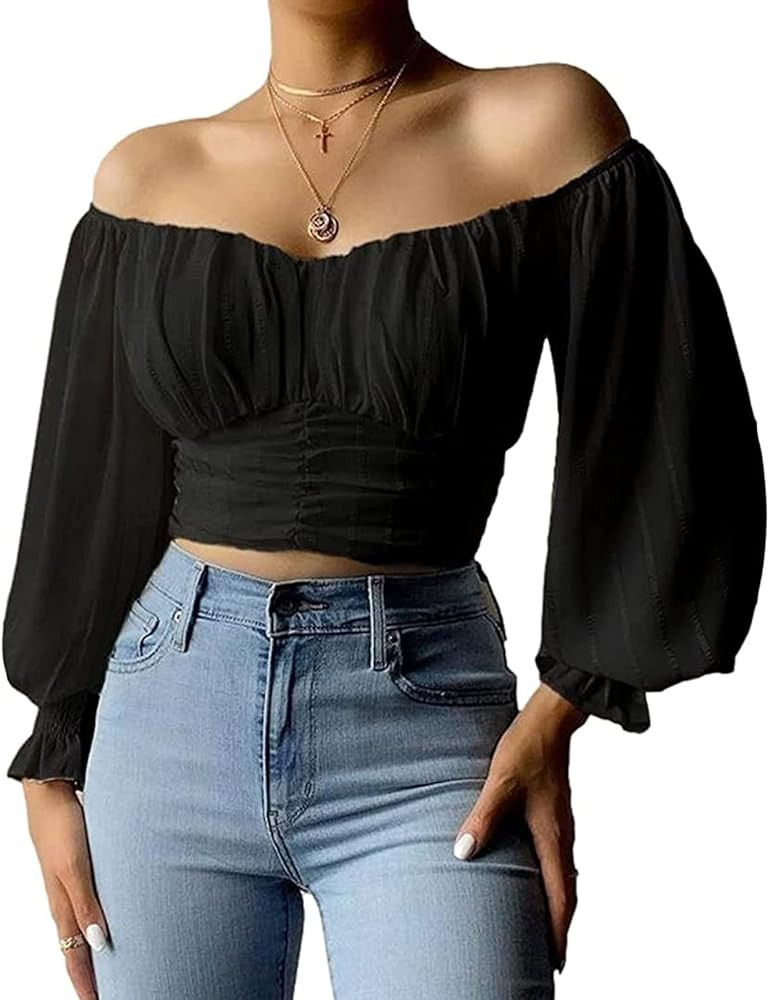 MIRACMODA Womens Elegant Off The Shoulder Puff Sleeve Blouse Summer Chiffon Slim Fit Party Crop T... | Amazon (US)