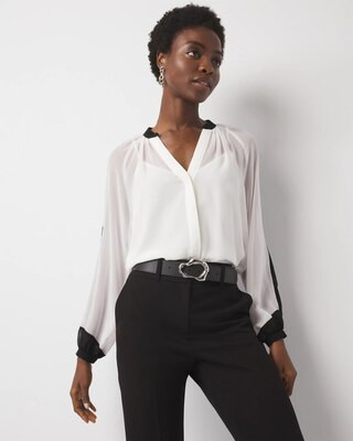 Women's Petite Chiffon Colorblock Blouse in Ecru Black Colorblock size XS | White House Black Market | White House Black Market