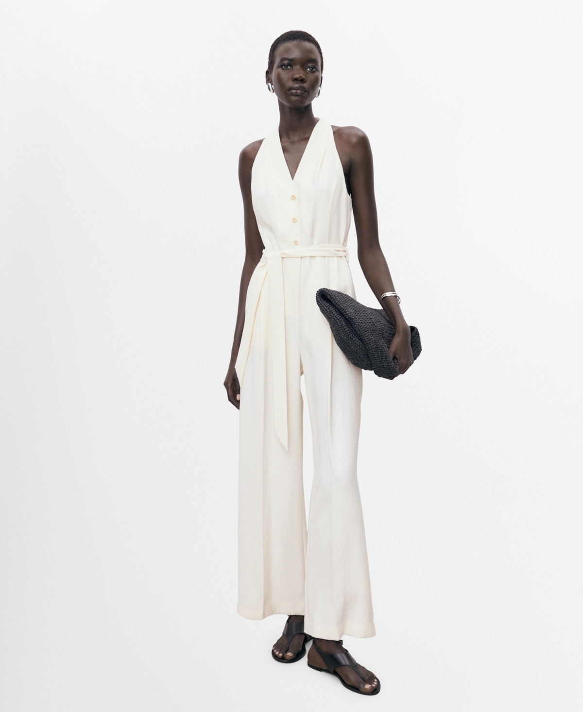 Mango Women's Belted Halter Neck Jumpsuit - Ecru | Macy's