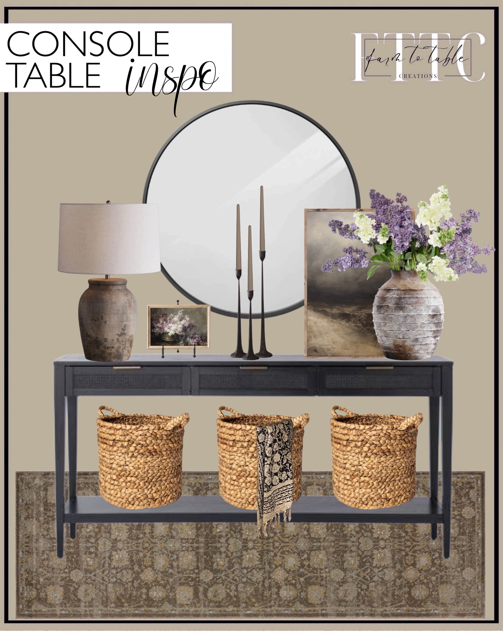 Spring Console Table Inspo. Follow @farmtotablecreations on Instagram for more inspiration.

East Bluff Woven Drawer Console Table - Threshold designed with Studio McGee. Mona - MOA-03 Area Rug by Magnolia Home by Joanna Gaines x Loloi. Best Choice Products 36in Framed Round Wall Mirror. Moody Dark Tone Abstract Canvas Printed Sign. Artisan Handcrafted Terracotta Vases. Tripar Modern Tripod Easel Display. Arhaus Thornton Table Lamp. Iron Taper Candle Holder. Purple Artificial Lilac Flower Branch - 34.5. Console Decor. Spring Console. Floral Spring Print Lilac Landscape Printable Foggy Coastal Artwork Purple Flowers
Fake Lilacs Flower in Cream - 25". Build A Sign. Vintage Rustic Marble Bowl. 


#LTKSaleAlert #LTKFindsUnder50 #LTKHome