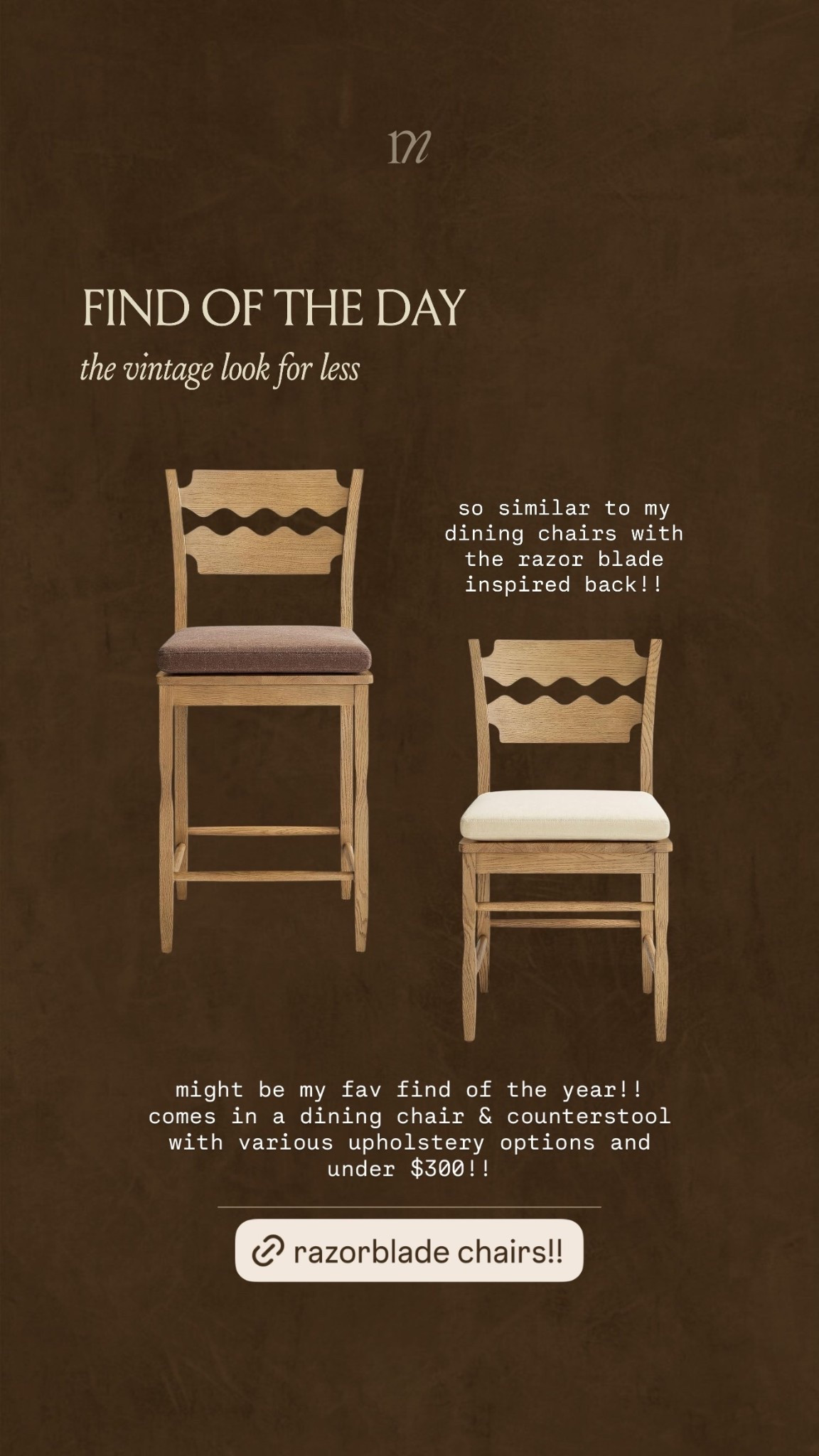 might be my fav find of the year!! comes in a dining chair & counterstool with various upholstery options and under $300!! so similar to my dining chairs with the razor blade inspired back!!