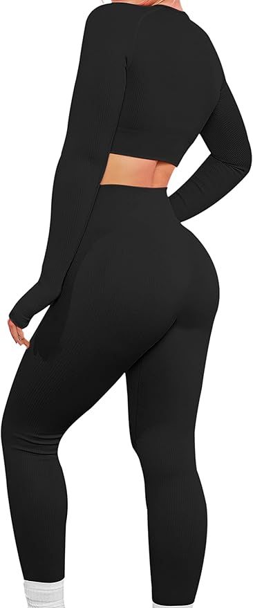VALANDY Women's Workout Set 2 Piece Gym Seamless Leggings Ribbed Crop Top Active Wear Outfits | Amazon (US)