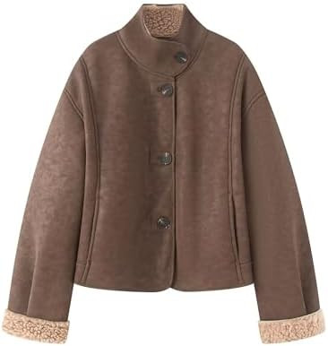Chevara Women’s Reversible Double-Faced Jacket Casual Stand Collar Coat Faux Suede Loose Fit Bu... | Amazon (US)