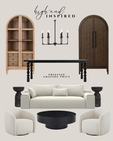 High end Amazon inspired:
White sofa modern. Dark brown coffee table. Gray accent chair. Black marble side tables. White dining chair modern. Black dining table traditional. Brown table lamp. Black cabinet tall. Black chandelier traditional.

#LTKsalealert #LTKhome