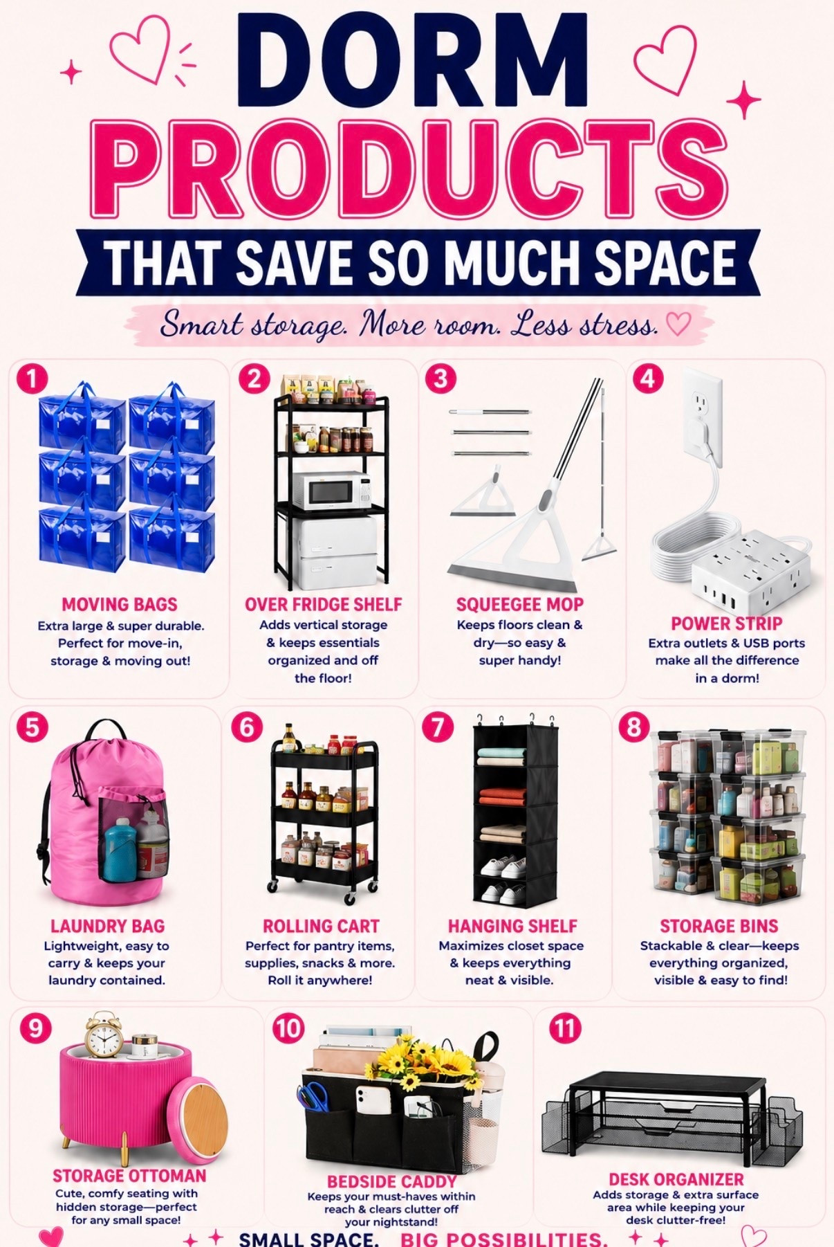 Tiny dorm room? No problem. ✨ These space-saving essentials help you maximize every inch—from under-bed storage and rolling carts to bedside organizers and over-the-fridge shelving. The right products can make your room feel bigger, cleaner, and way less stressful. Save this before move-in day and thank yourself later! 💕🏡

#DormEssentials #CollegeMoveIn #DormRoomIdeas #CollegeLife #AmazonFinds

#LTKU #LTKmomlife #LTKHome
