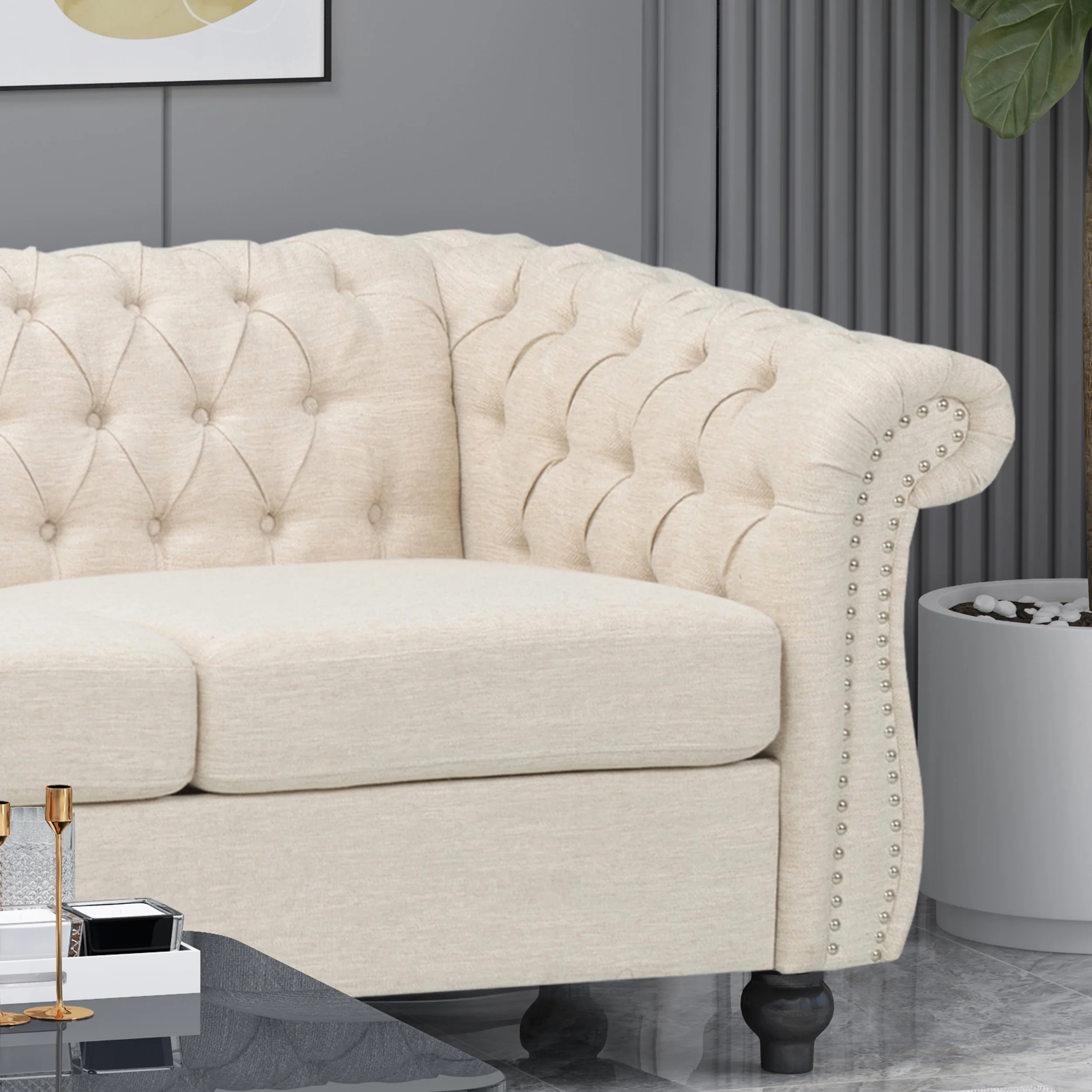 Noble House Ankit Tufted Chesterfield Fabric 3 Seater Sofa, Beige and Dark Brown - Walmart.com | Walmart (US)