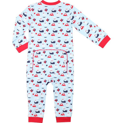 Blue And Red Knit Travel Zipper Pajamas | Cecil and Lou