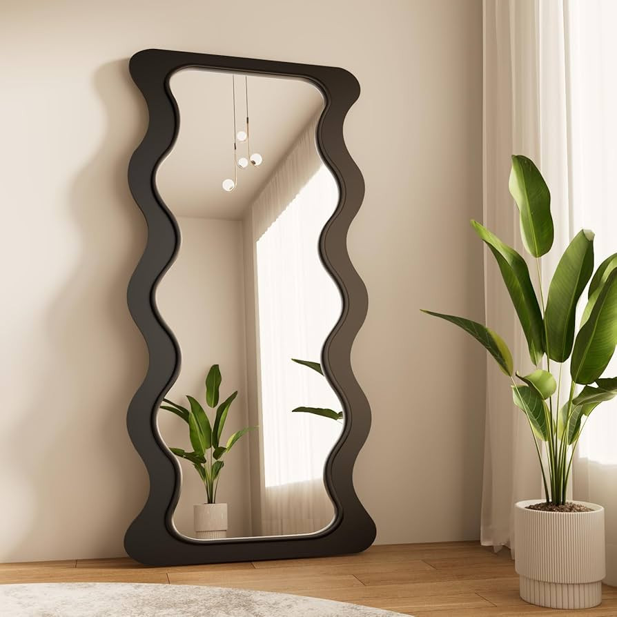Wavy Mirror 65" x 24", Wood Frame Full Length Mirror, Floor Mirror, Irregular Wall Mirror, Hangin... | Amazon (US)