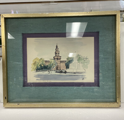 Vintage Watercolor & Ink Painting City Fount Linen Matte Purple Teal Framed Gold | eBay US