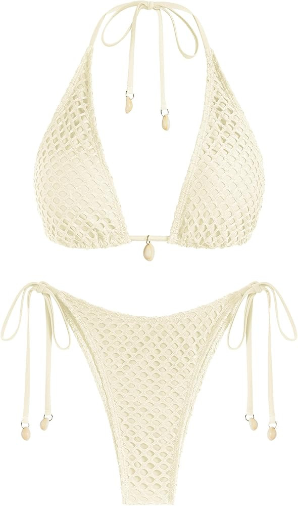 ZAFUL Women's Triangle Bikini Multiway Fishnet Tie Side Bandeau Halter String Bikini Set Two Piec... | Amazon (US)
