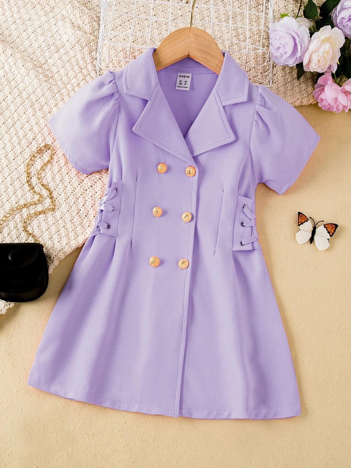 Toddler Girls Double Breasted Puff Sleeve Lace Up Side Shirt Dress SKU: sk2207265969651690(100+ R... | SHEIN
