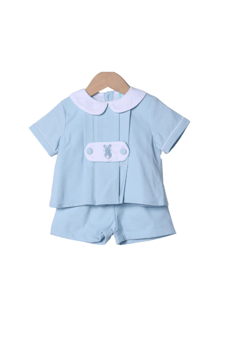 2 Tab Bullion Bunny Blue Linen Short Set | The Smocked Flamingo