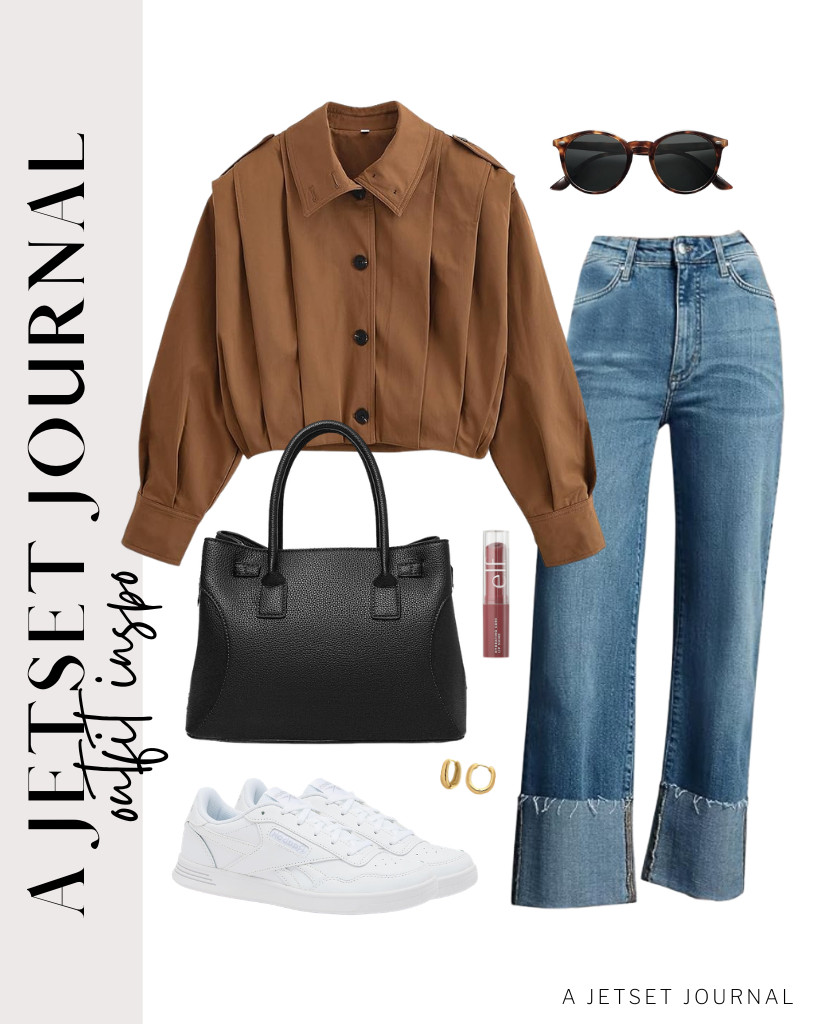 This combination of a dark brown short trench coat and high-waisted jeans is a perfect match. It's suitable for coffee dates or gallery hopping. Pairing it with an Eslcorri top-handle satchel bag and Reebok sneakers is an excellent idea. 

 #LTKSeasonal #LTKTravel
