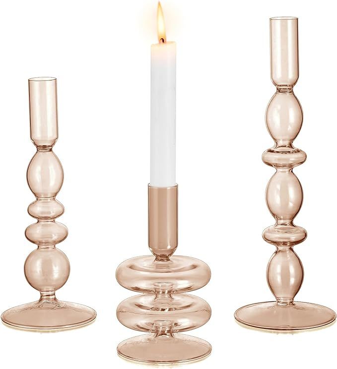 Glasseam Amber Glass Candle Holders: Tall Skinny Candle Holders Set of 3, Modern Candle Holders f... | Amazon (US)