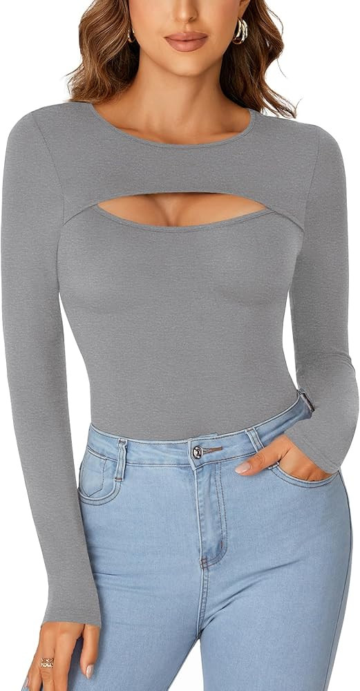 Vrtige Women's Long Sleeve Top Cut Out Front Fitted Sexy Cute Casual Tops Tee Dressy T-Shirt | Amazon (US)