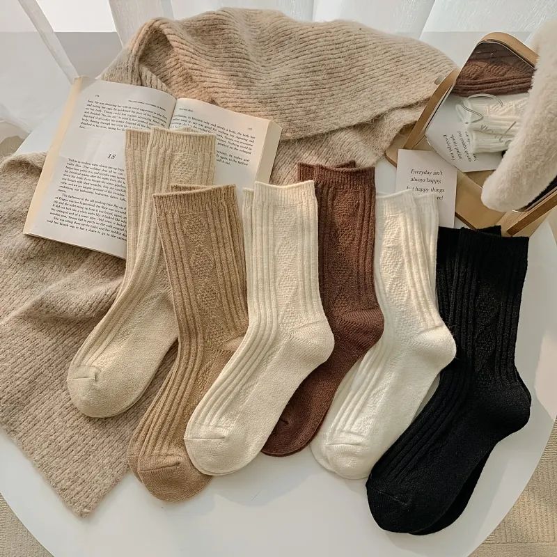 6 Pairs Thick Warm Cream Color Socks Retro Art Pattern Mid Tube Socks For Winter Womens Stockings... | Temu Affiliate Program