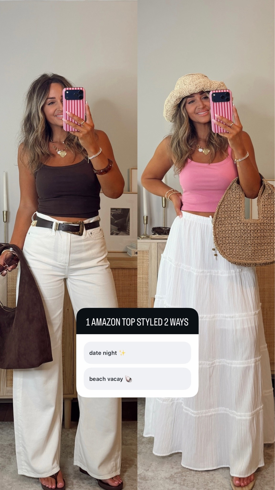 summer outfit ideas— day to night ✨ these amazon tops have a built in bra, theyre stretchy and such a good elevated basic. i’m in a size S. these jeans are SO good! they’re a linen denim material, so soft and lightweight! these run big, i went by the size chart and reviews and ordered a 25 and they fit great! for accessories, hat, skirt (size M) + shell sandals use code LEANN35 for 35% off at vici! amazon fashion, denim style, summer outfit

#LTKootd
