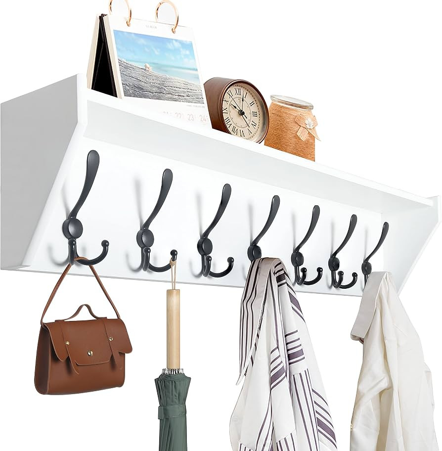 WEBI Coat Rack Wall Mount with Shelf,35" Long White Shelf with Hooks Underneath,7 Triple Hooks,Ke... | Amazon (US)