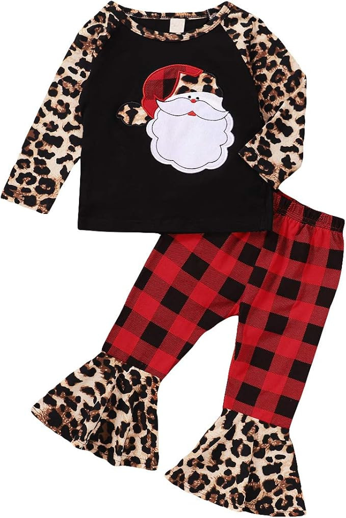 Toddler Baby Girl Kids Christmas Outfit Leopard Long Sleeve Print Tops Plaid Flare Pants 2 Piece ... | Amazon (US)