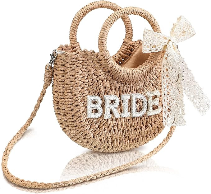 Pinkunn Bride Gift Bride Straw Purse Mrs Handwoven Bag Rhinestone Letter Bag Bachelorette Honeymo... | Amazon (US)
