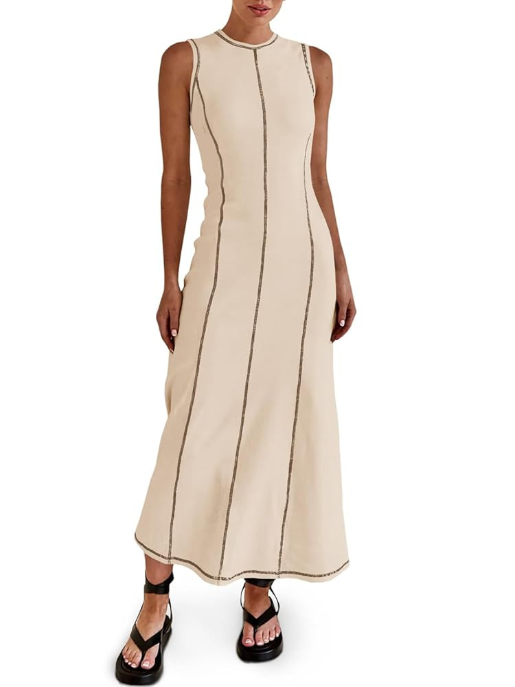 Wenrine Womens Sleeveless T Shirt Dress Summer Contrast Stitch Ribbed Knit Tank Maxi Dresses | Amazon (US)